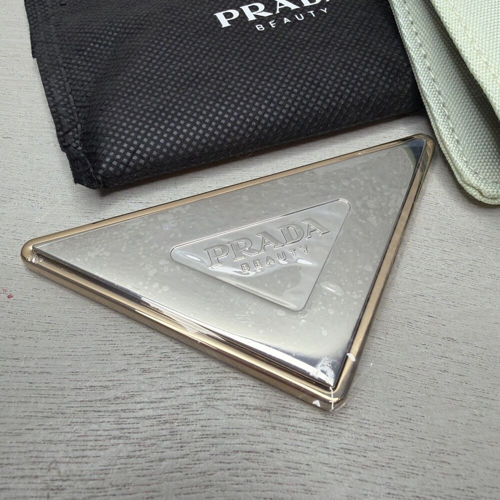 Prada Beauty Gold + Silver Folding Double Mirror Compact W/ Mint Green Pouch New - Picture 2 of 4